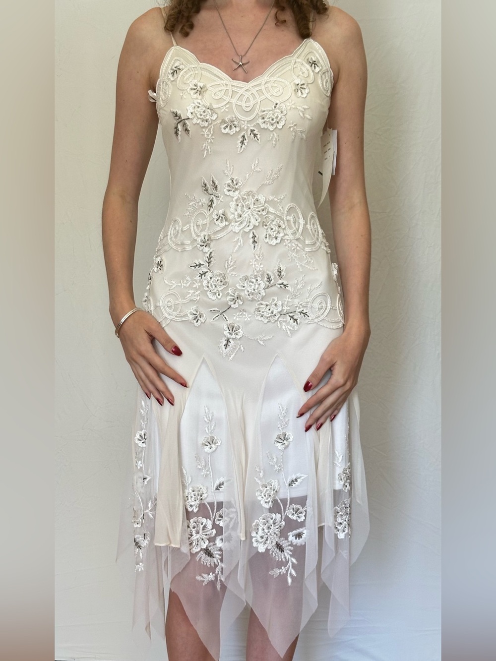 Sue Wong Cream Embellished Floral Midi Slip Dress